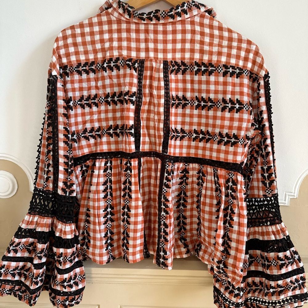 Dodo Bar Or Angel M Gingham Lace Embroidered Smocked Blouse Top Bell Sleeve - Picture 4 of 5